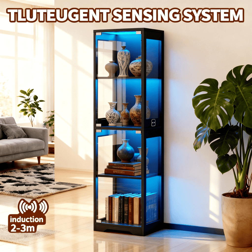 single door glass display cabinet 4 tier 3 led lights smart