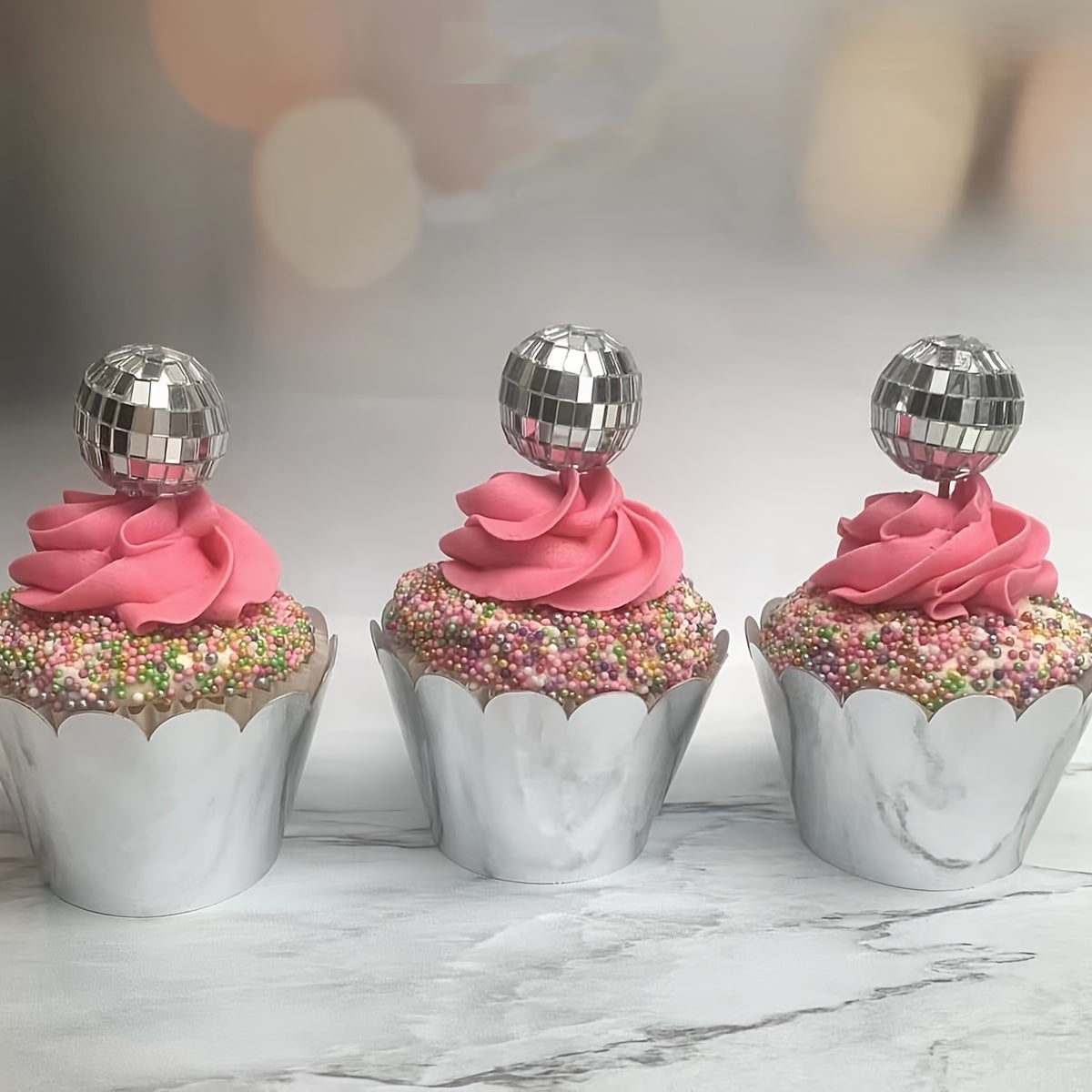14 silver disco ball cake decorations suitable 70s disco