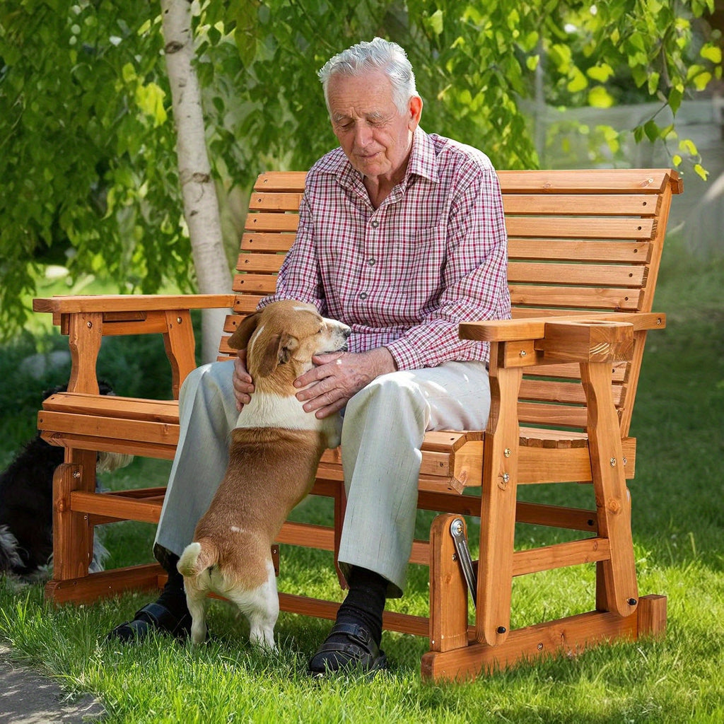 outdoor glider bench wood patio glider cup holders porch