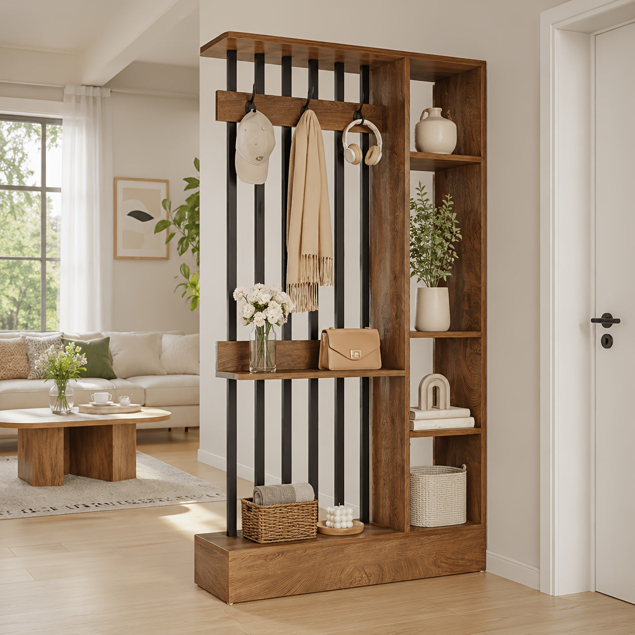 71 inch brown wooden freestanding room divider multi