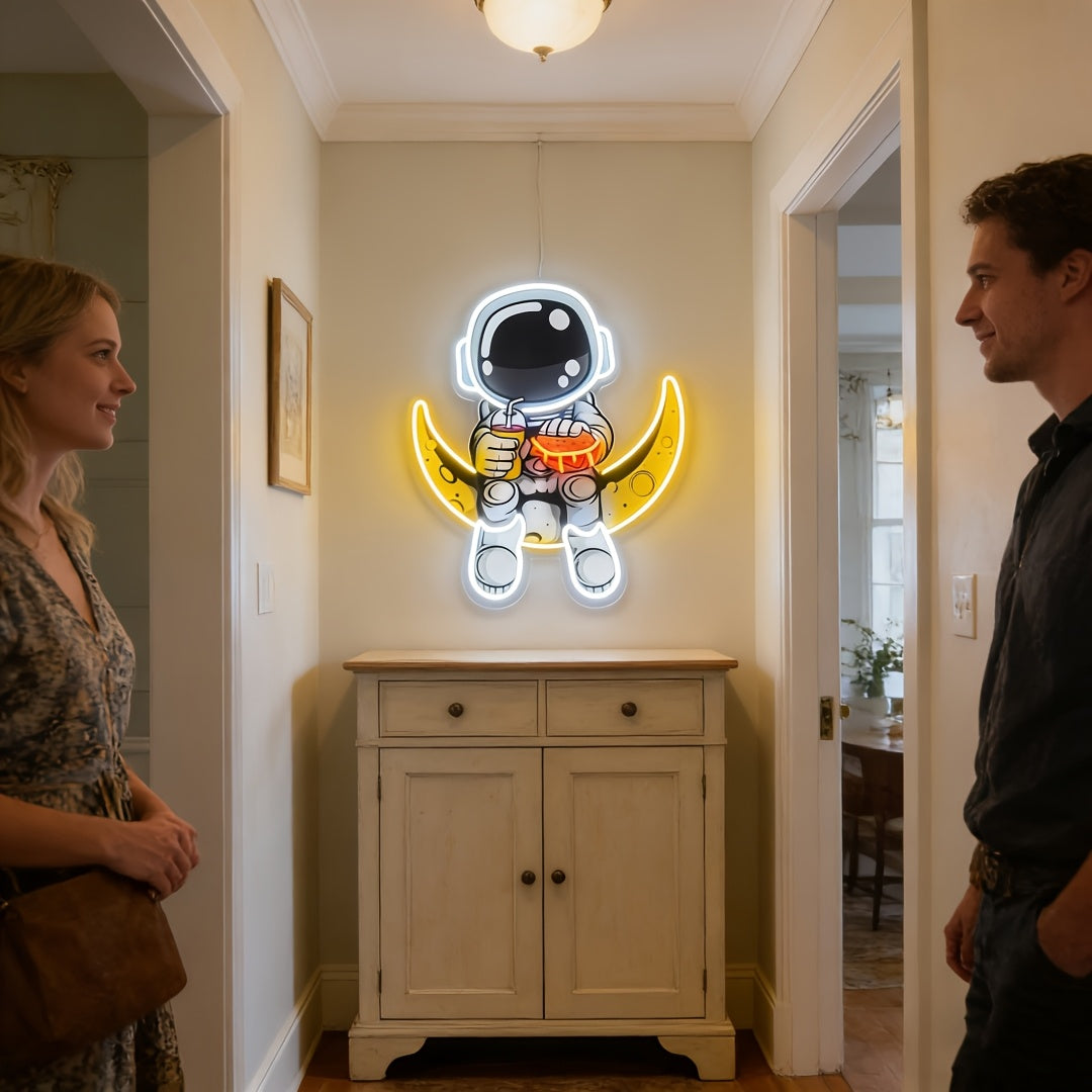 a neon astronaut sign an adjustable brightness art piece