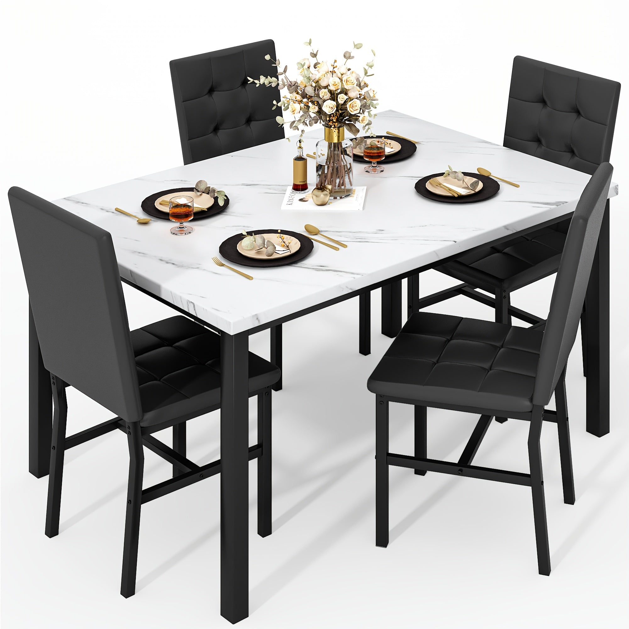 modern 5pcs   marble dining table set upholstered pu
