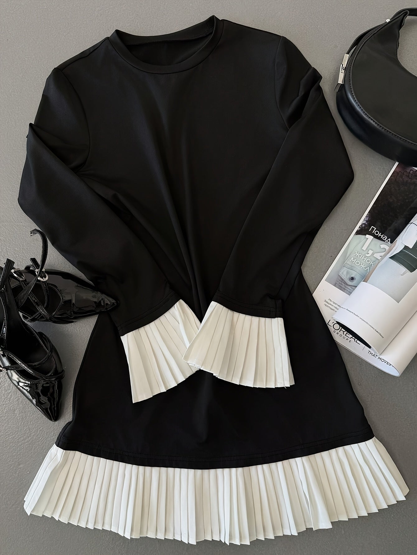 plus size elegant long sleeve crew neck solid color pleated