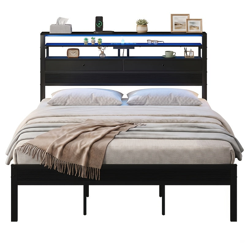 black led platform bed frame charging station 3 tier side
