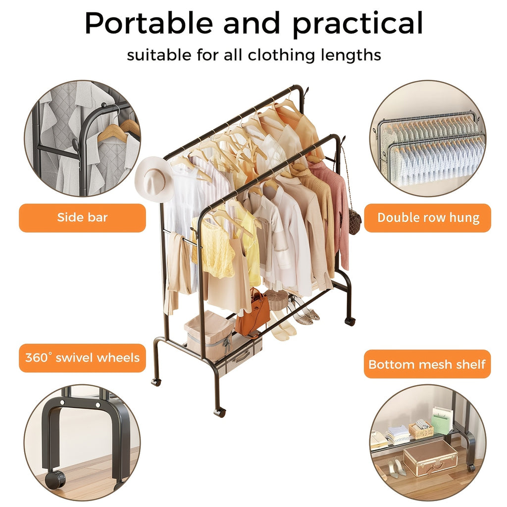 heavy duty metal double pole garment rack rolling wheels