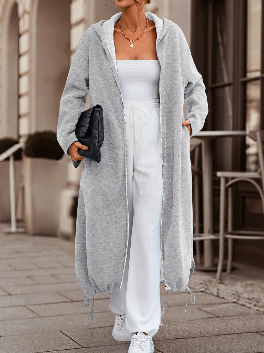 autumn winter womens slightly elastic long hooded zip coat