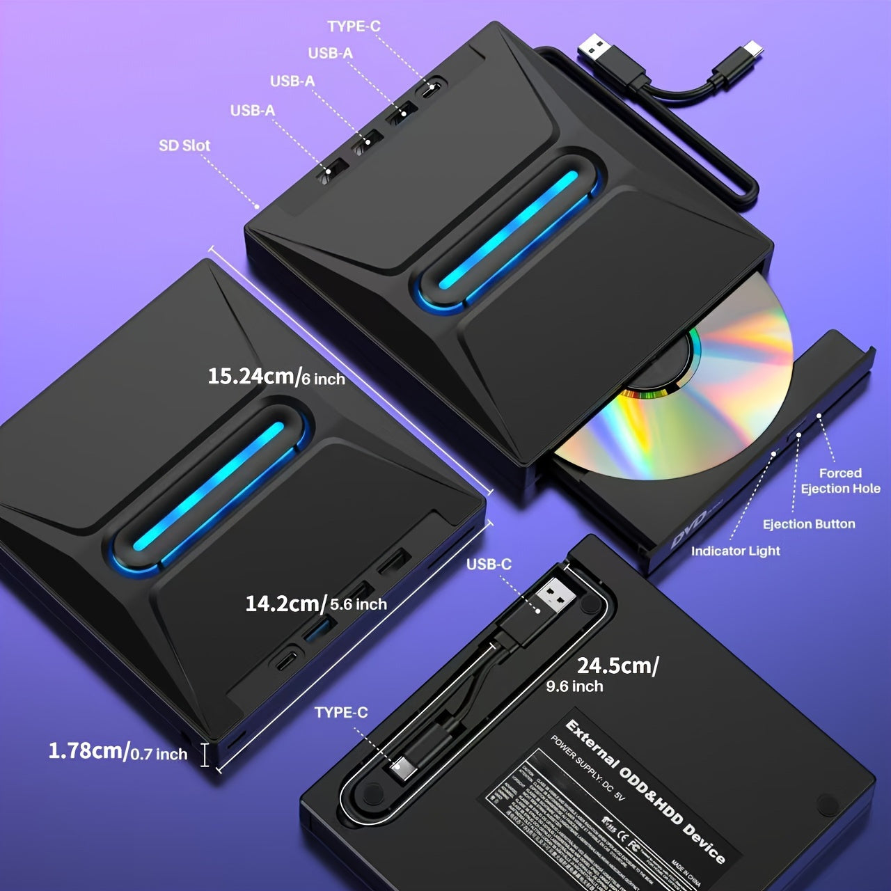 new 8 in 1 luminous external cd dvd drive usb 3 0 type c