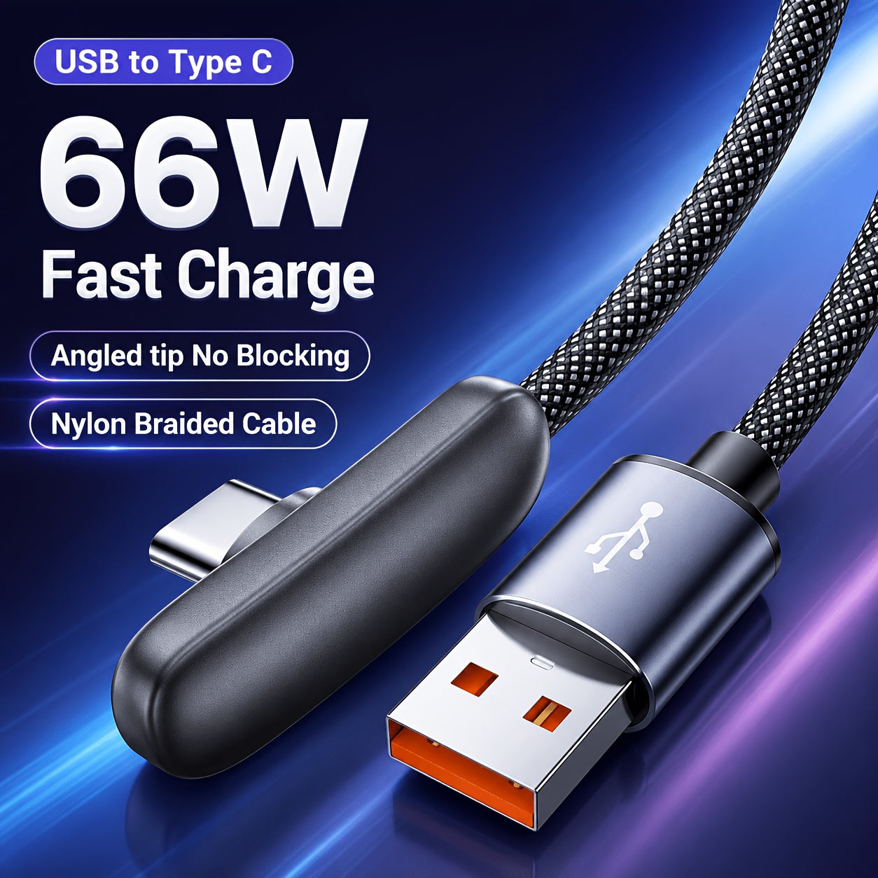 90 degree right angle usb type c braided fast charging cable