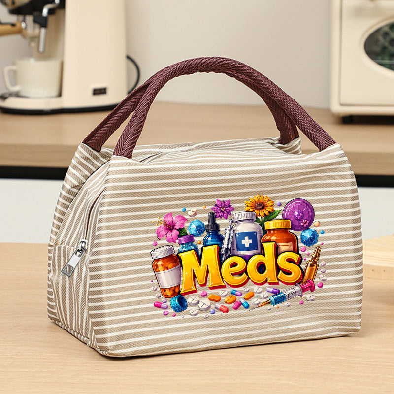 fun meds themed print womens handbag featuring a colorful