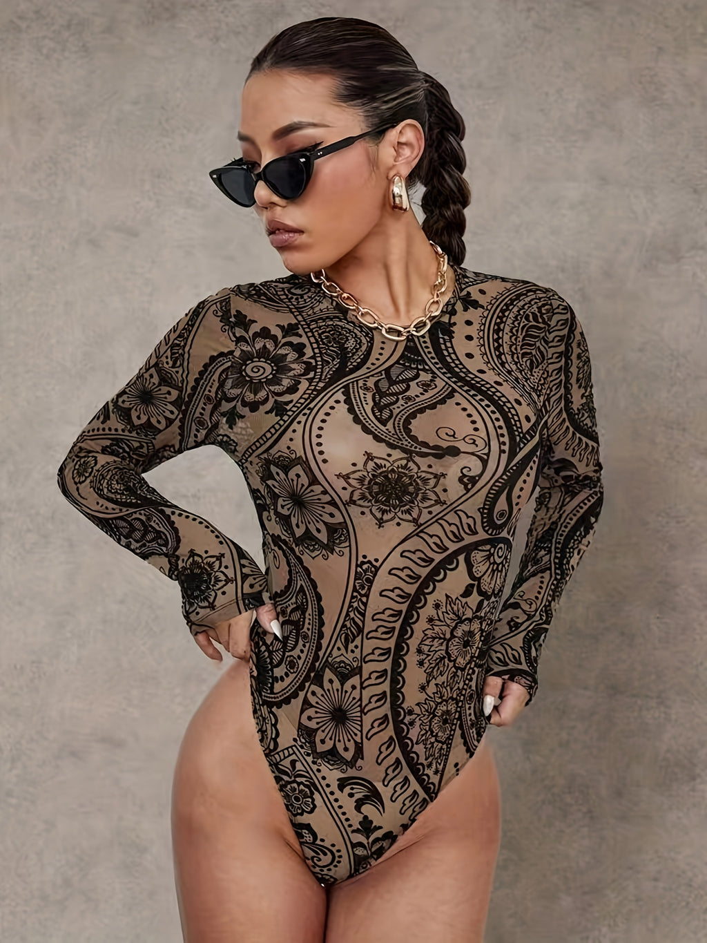 womens   mesh paisley   long sleeve bodysuit semi