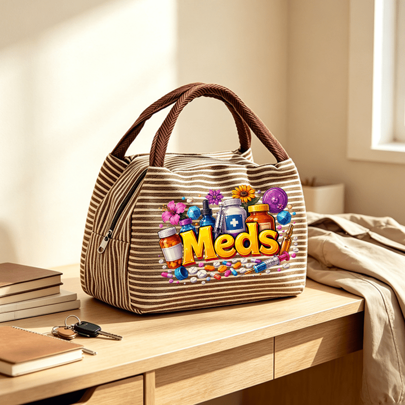 fun meds themed print womens handbag featuring a colorful