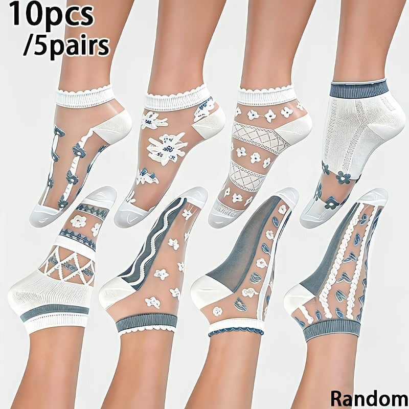 10pcs 5 pairs random assorted womens tulle floral lace boat