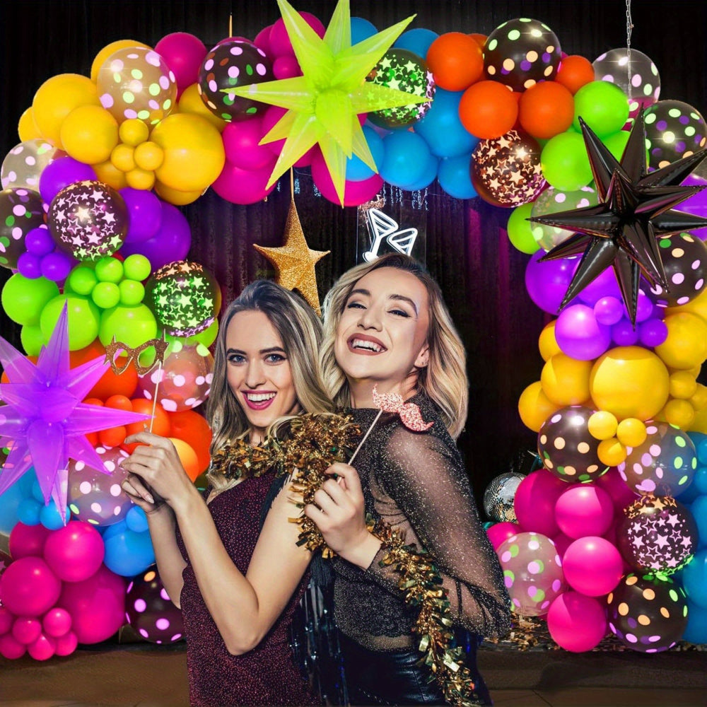 a set 104 balloons featuring an 80s theme showcasing vibrant