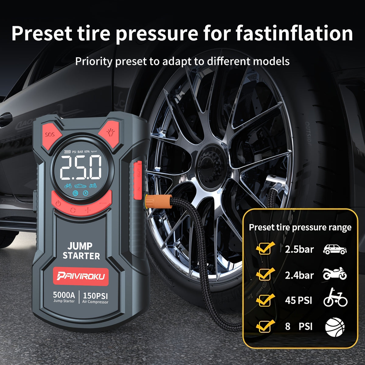 jump starter air compressor 5 in 1 function jump box 5000a