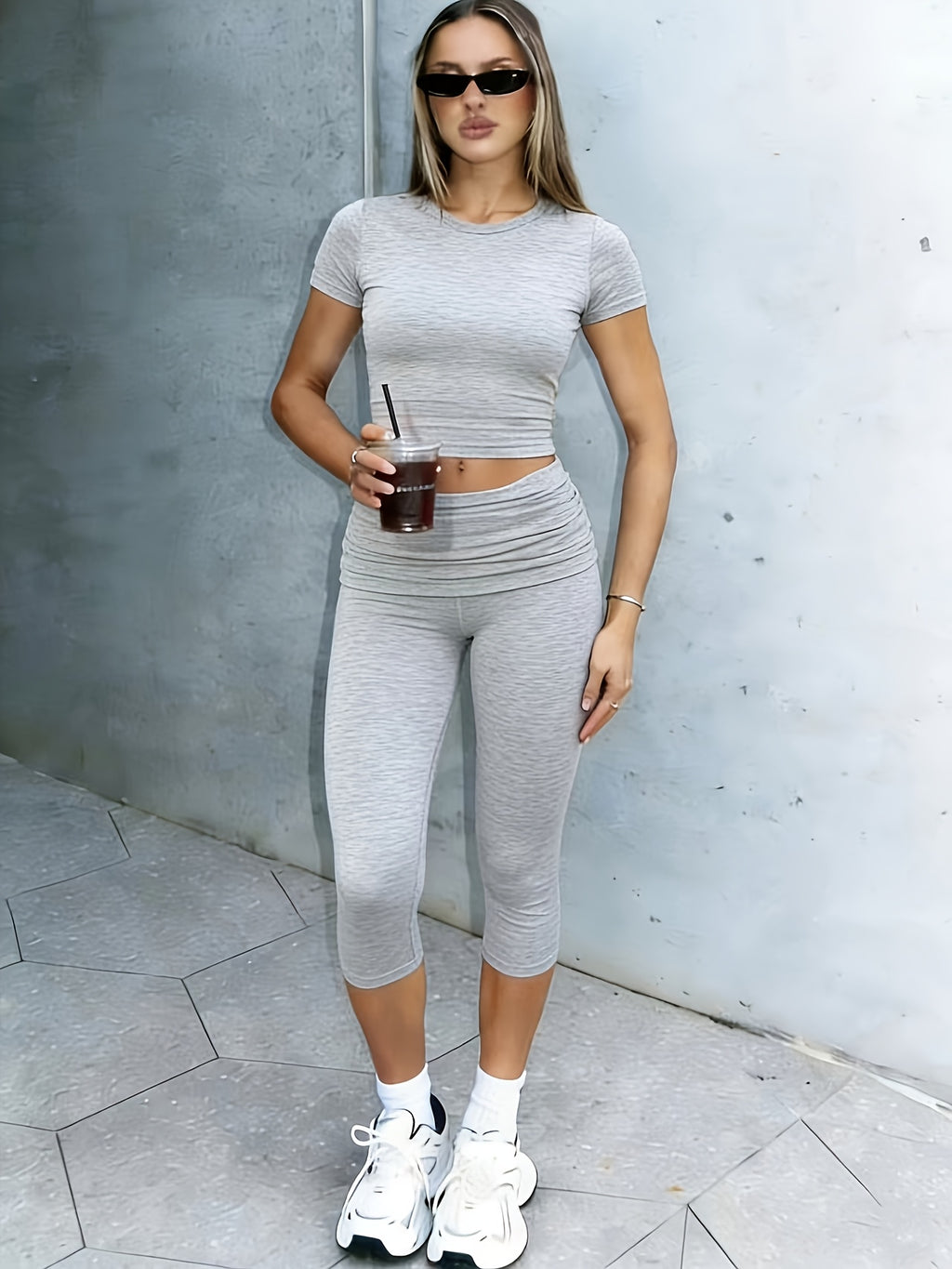 womens casual workout set round neck t shirt low