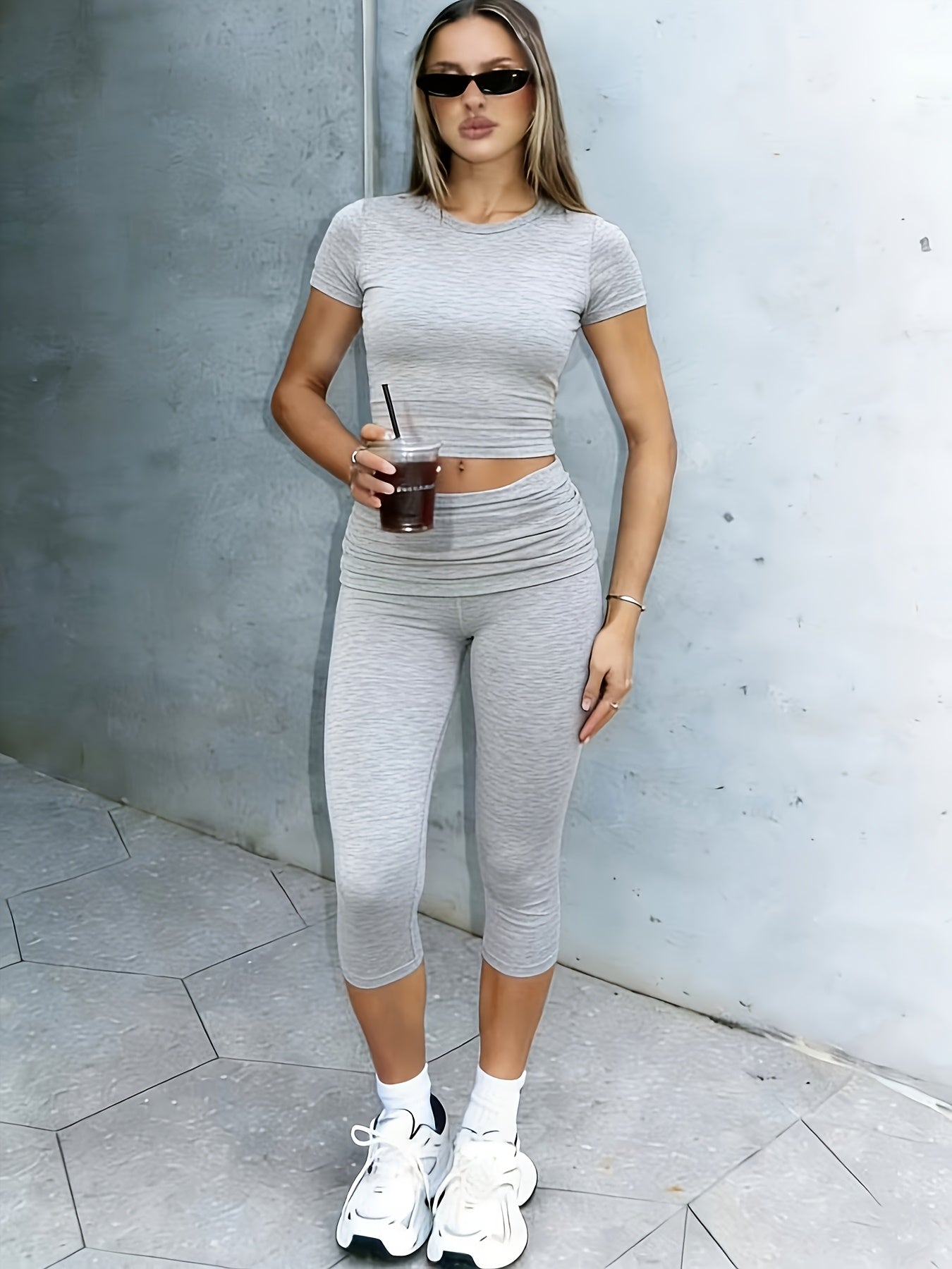womens casual workout set round neck t shirt low