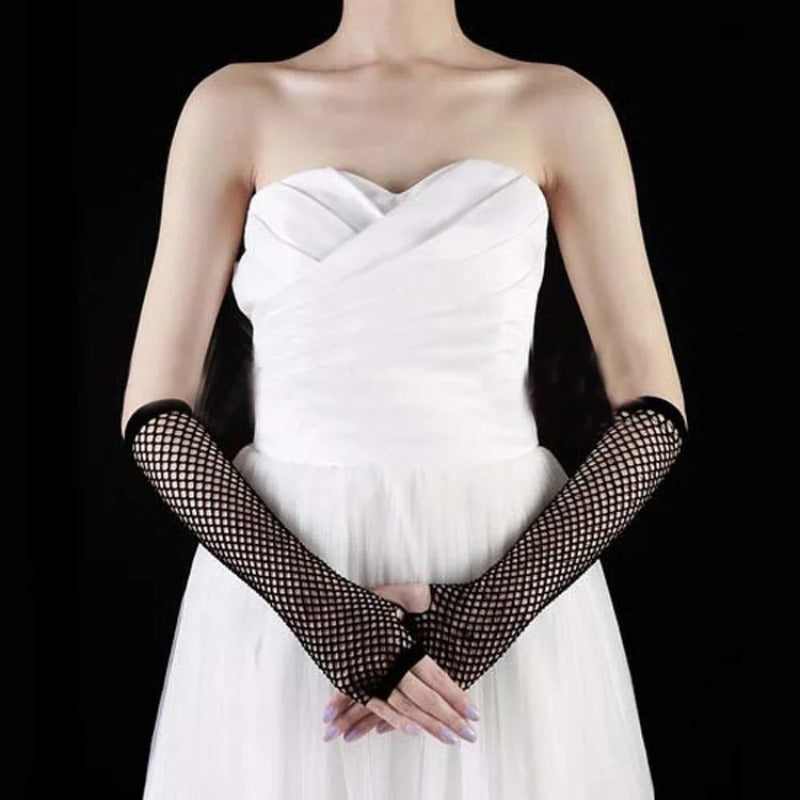 pair womens long   net gloves fingerless mesh