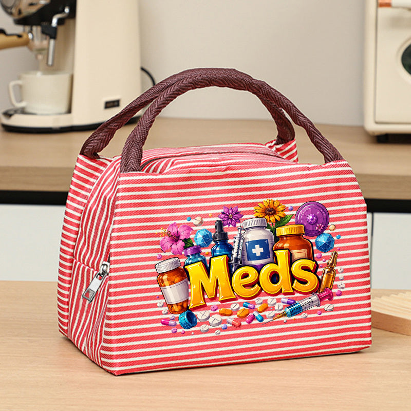 fun meds themed print womens handbag featuring a colorful
