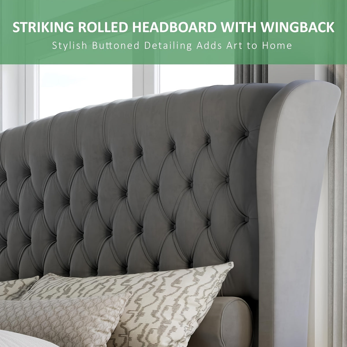chenille upholstered platform bed frame scroll wingback