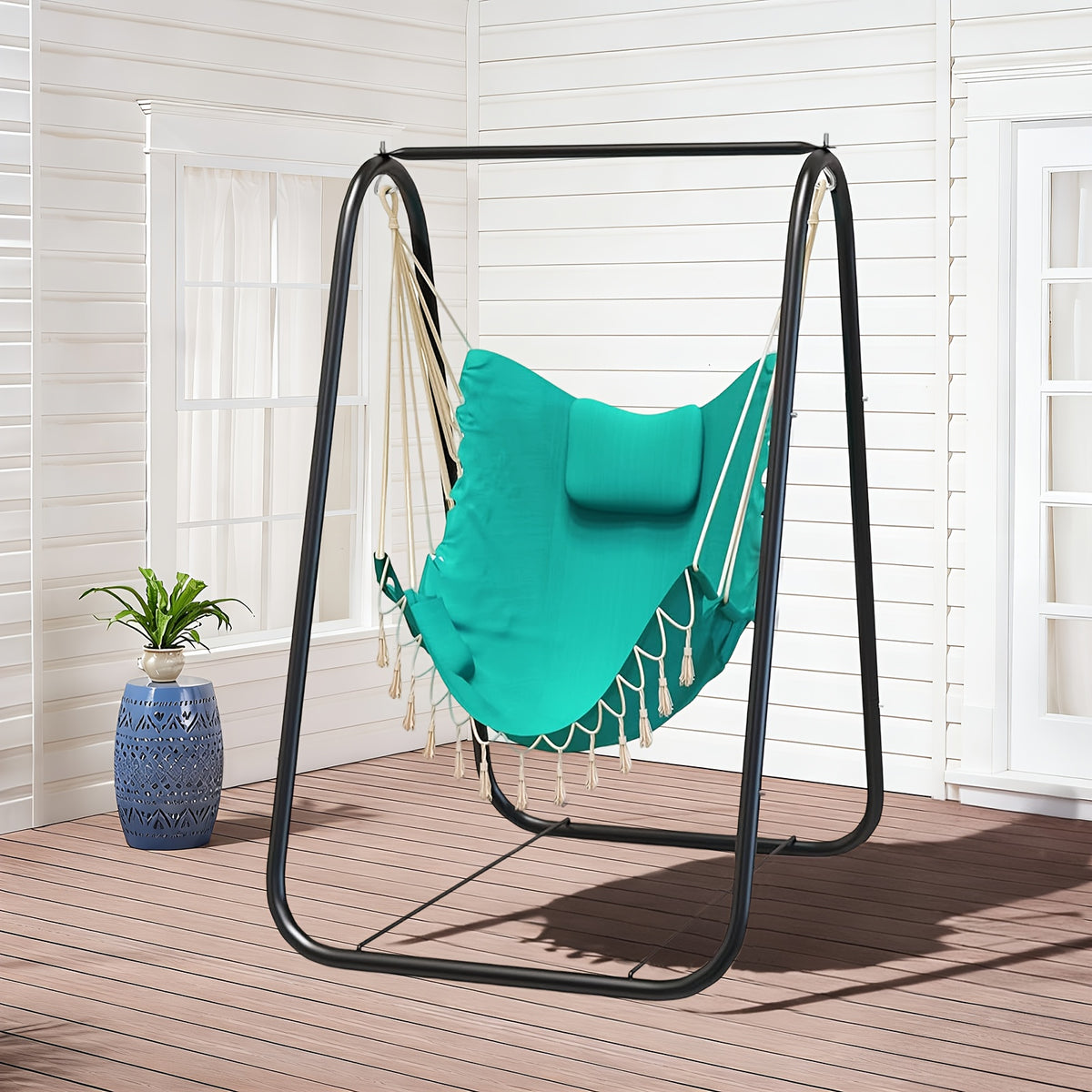 outdoor swing chair a stand featuring a   metal hammock