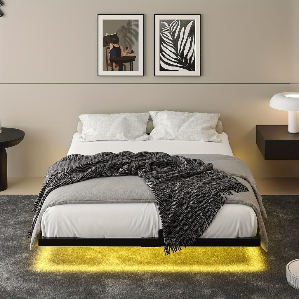 full queen king size floating bed frame smart led lights