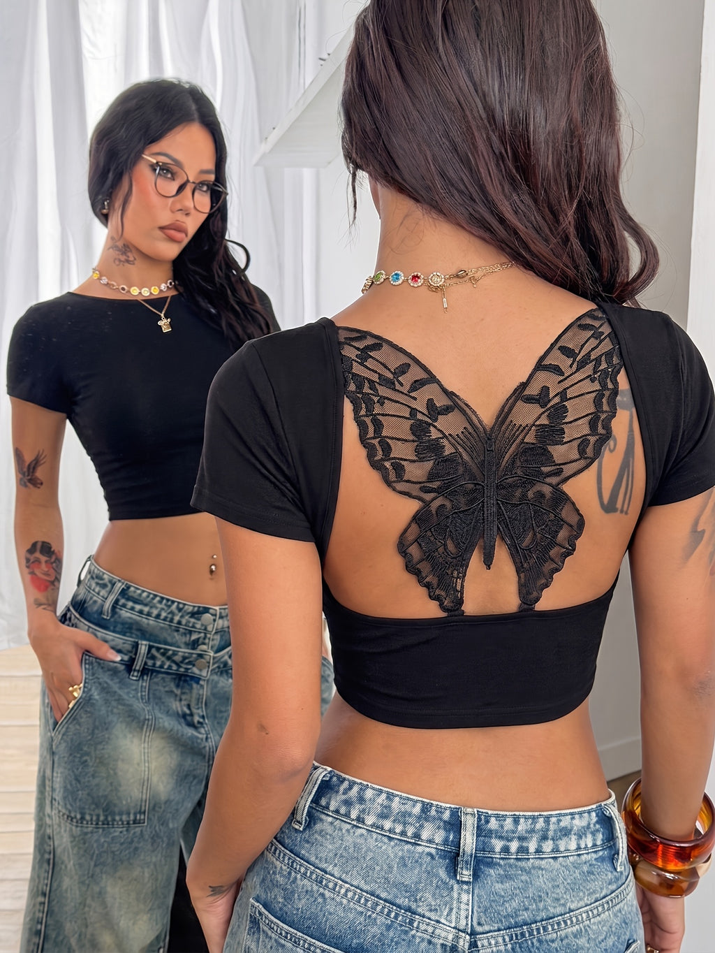 womens y2k solid back   lace hollow short sleeve