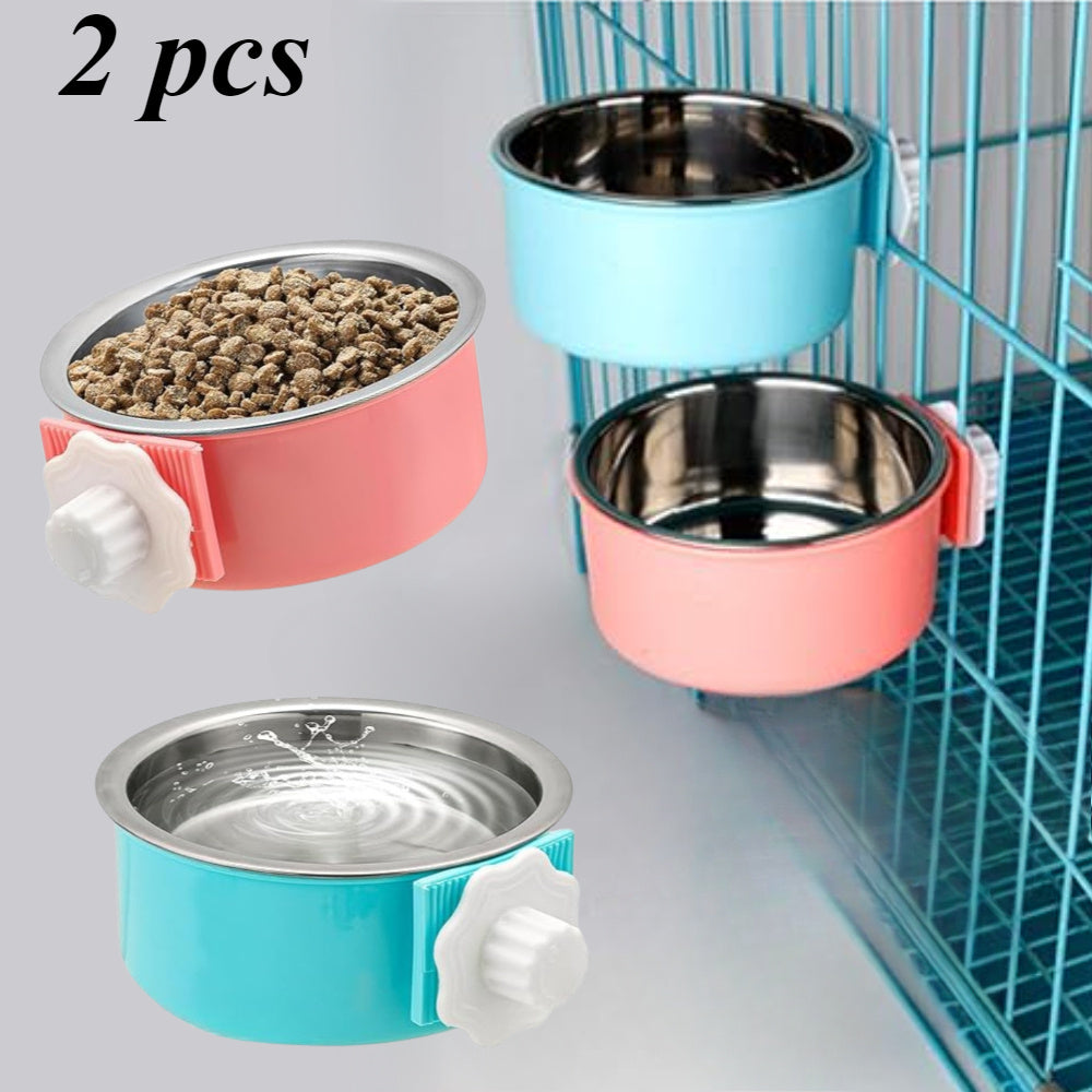 2pcs stainless steel hanging pet feeding bowl pet cage