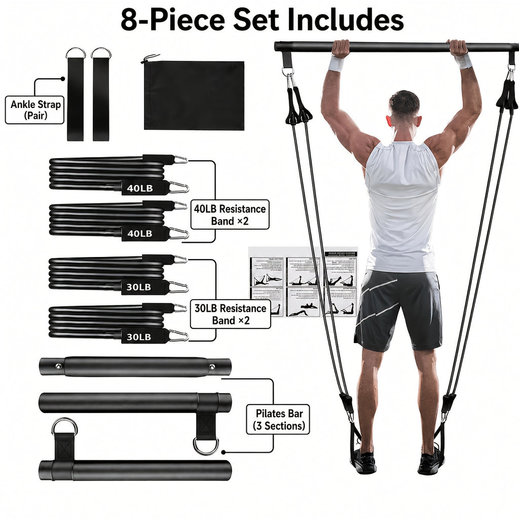 8pcs pilates bar kit 4   bands 140 lbs a portable