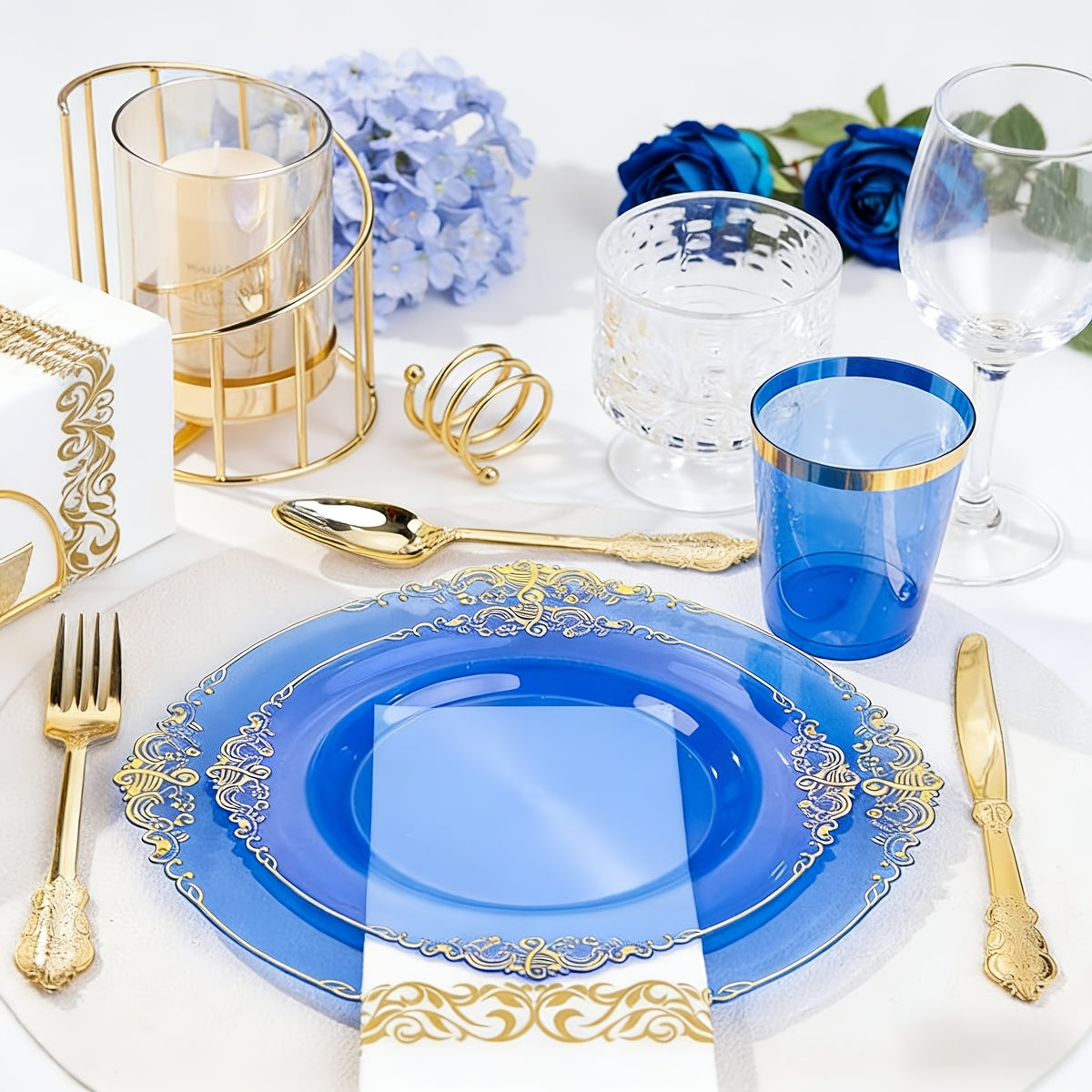 145pcs transparent blue disposable plastic tableware set
