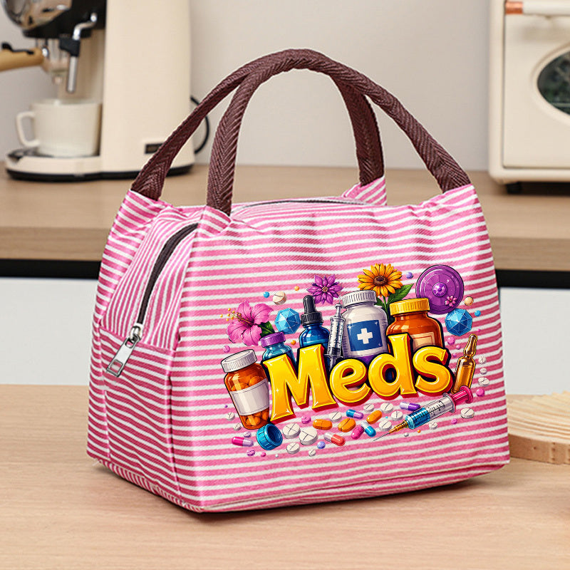 fun meds themed print womens handbag featuring a colorful