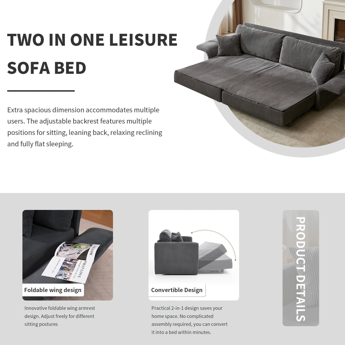 sleeper sofa bed set 2 in 1 convertible 2 seater corduroy