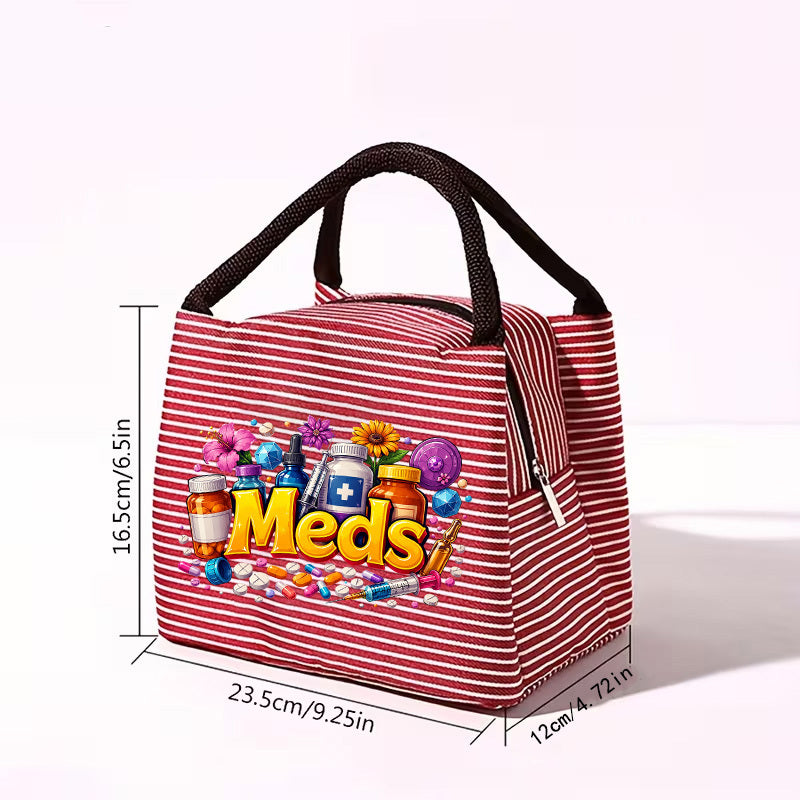 fun meds themed print womens handbag featuring a colorful