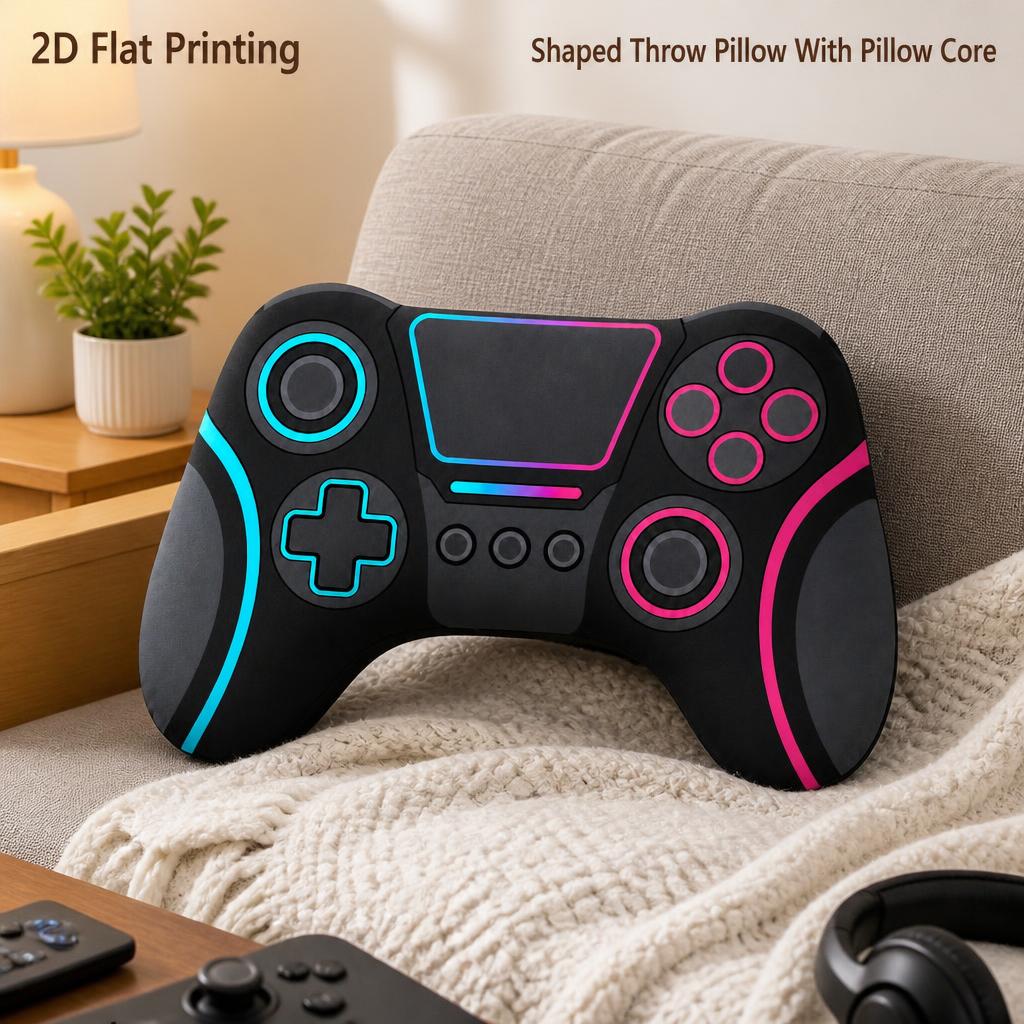 neon gaming controller shaped throw pillow