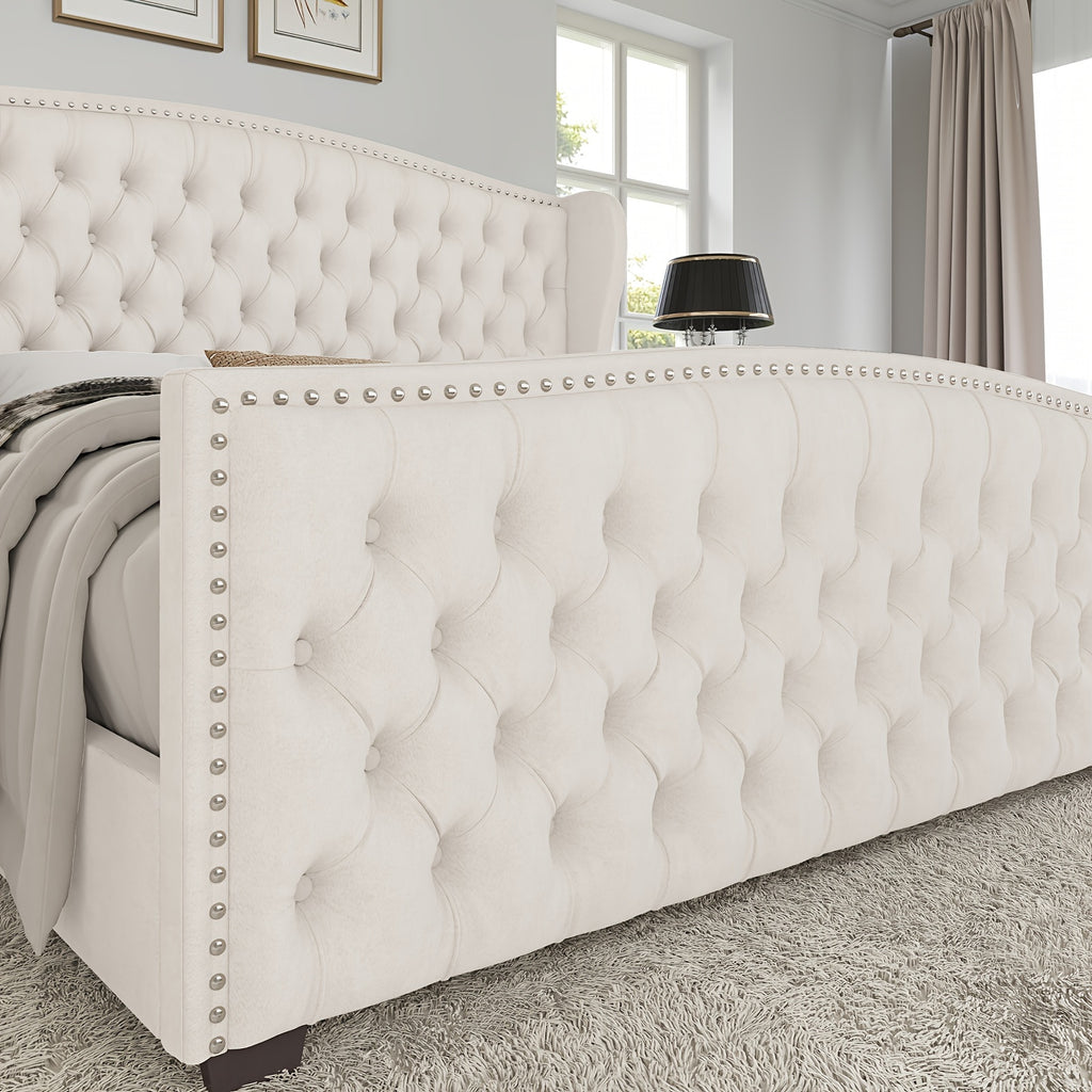 handcrafted velvet bed frame featuring a wingback headboard