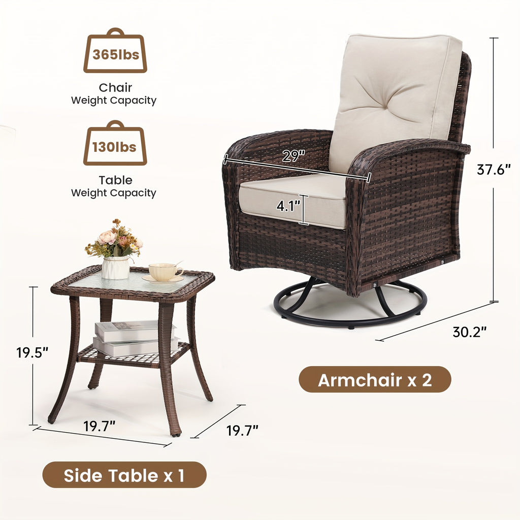 3pcs patio wicker glider rocker set 360 degree swivel