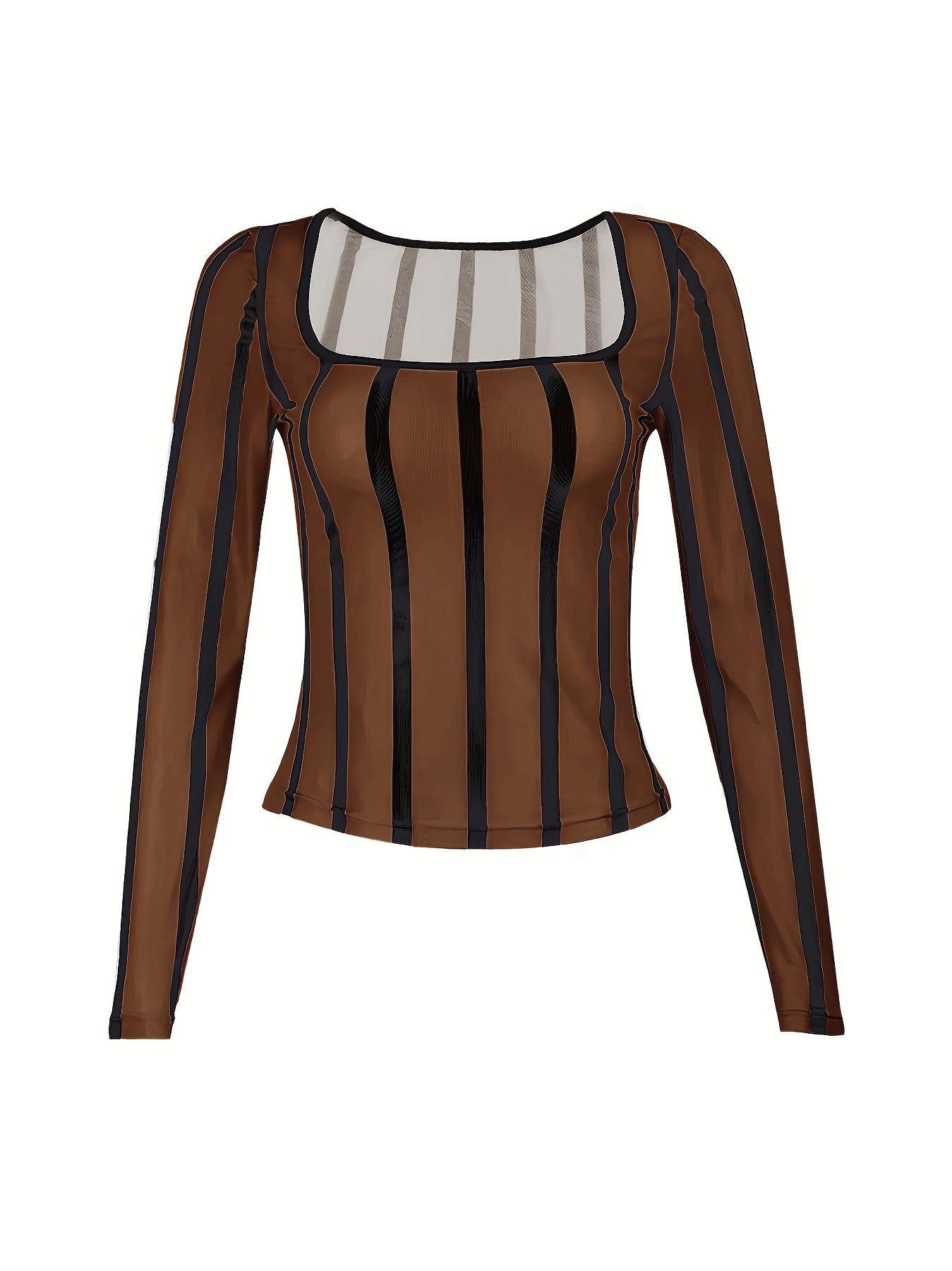 square neck   clavicle vertical striped mesh   t