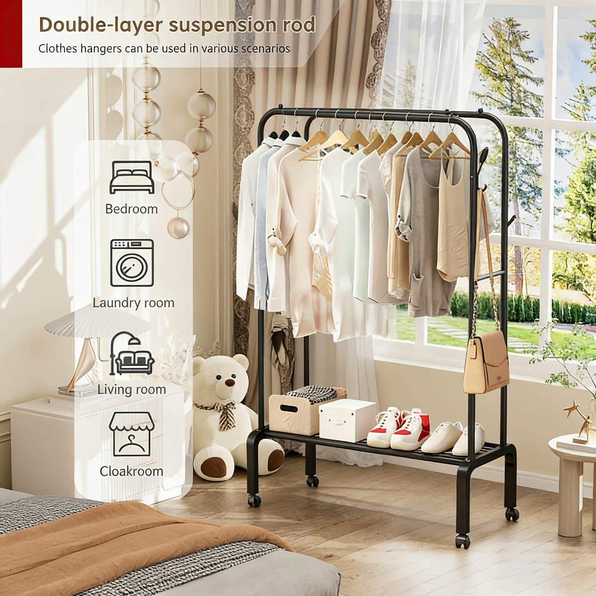 heavy duty metal double pole garment rack rolling wheels