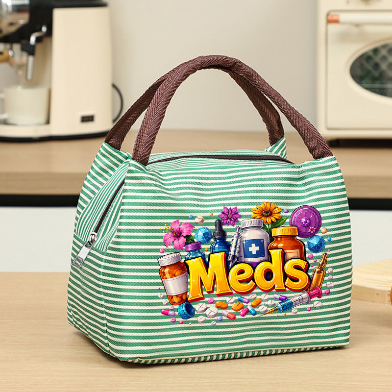 fun meds themed print womens handbag featuring a colorful