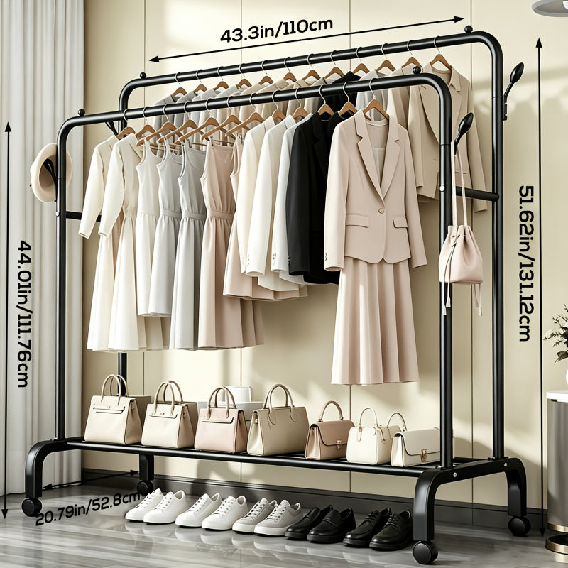 heavy duty metal double pole garment rack rolling wheels
