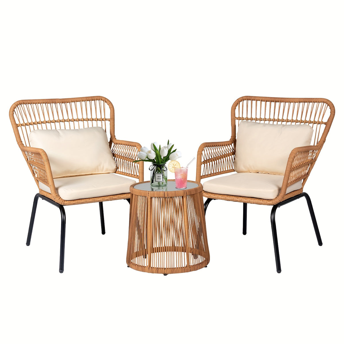 3pcs boho outdoor small patio furniture chair set beige