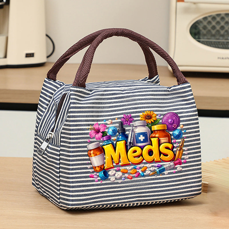 fun meds themed print womens handbag featuring a colorful