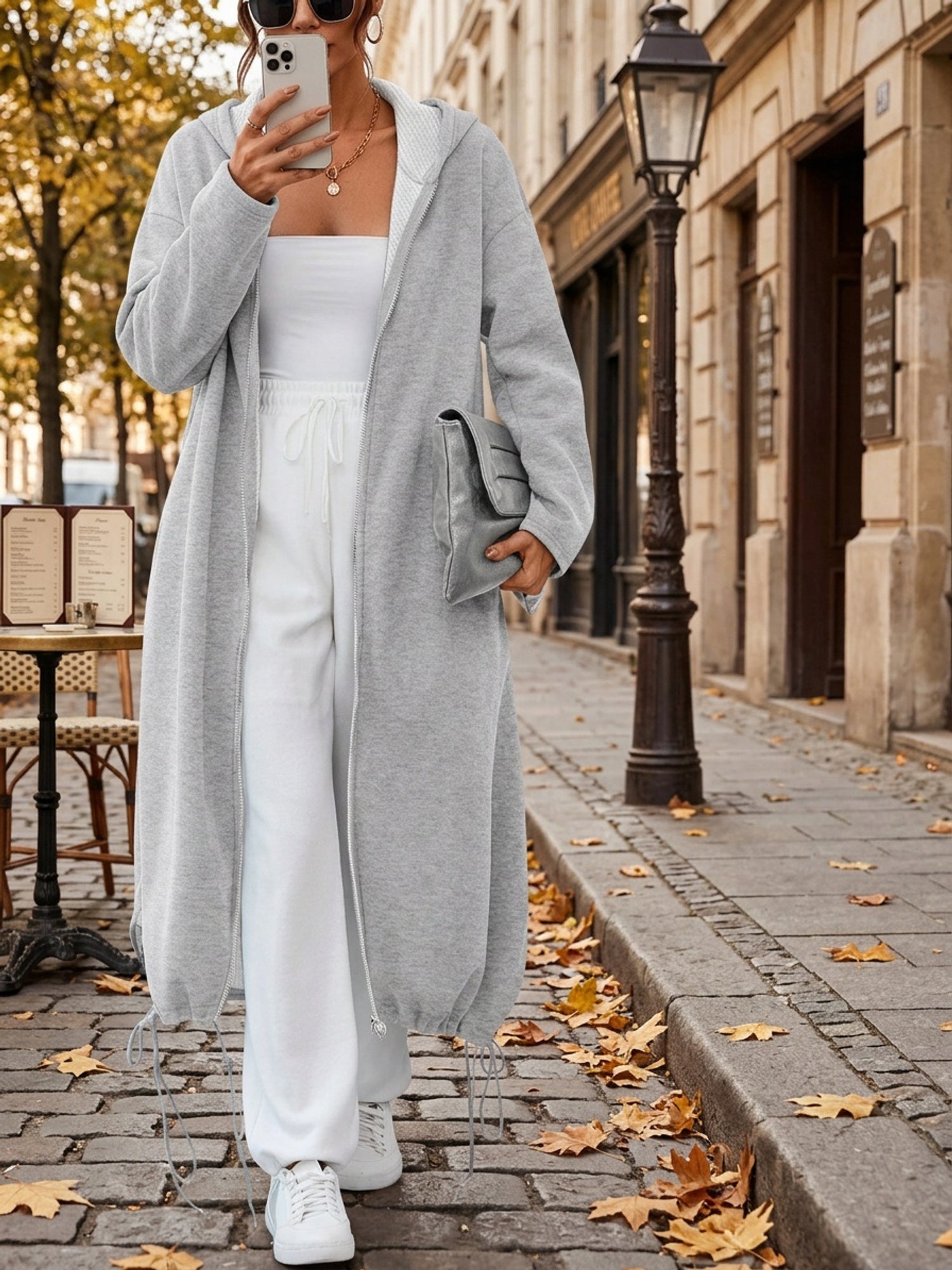 autumn winter womens slightly elastic long hooded zip coat