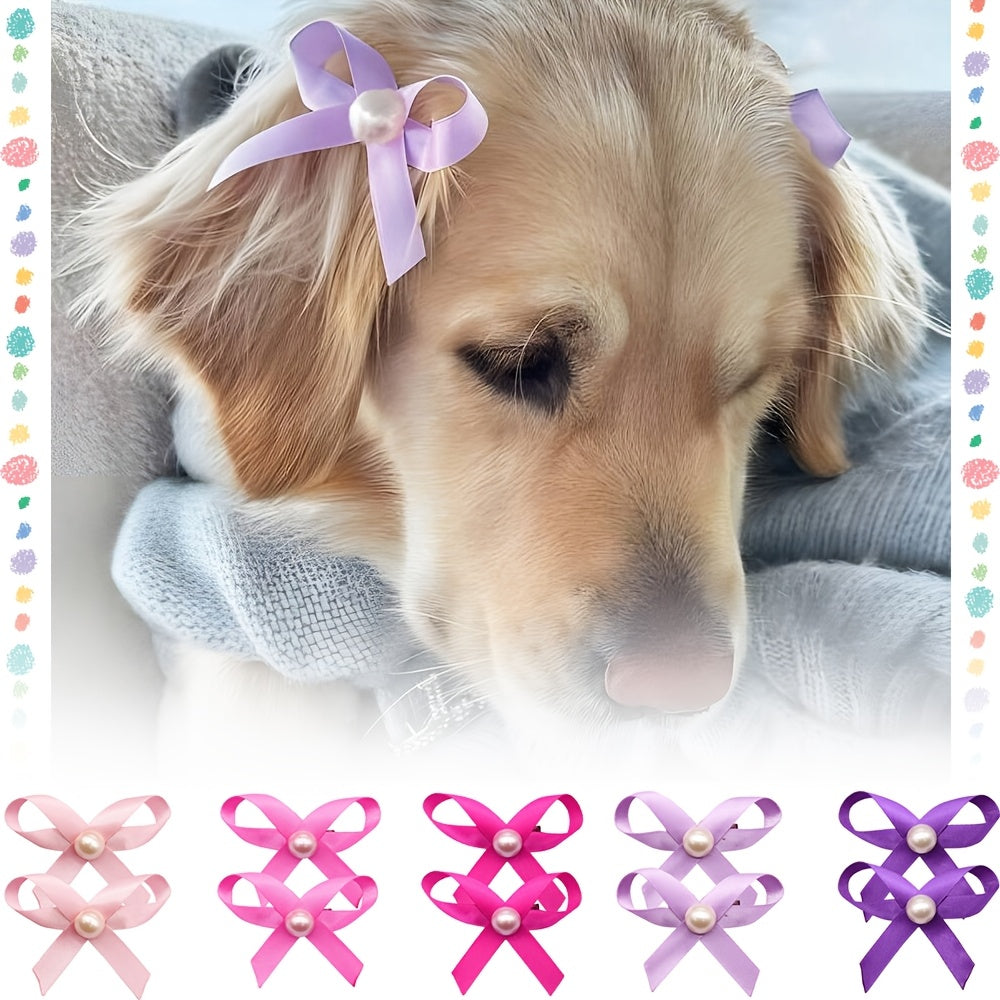 10pcs solid color dog hair clips pearls handmade dog bows
