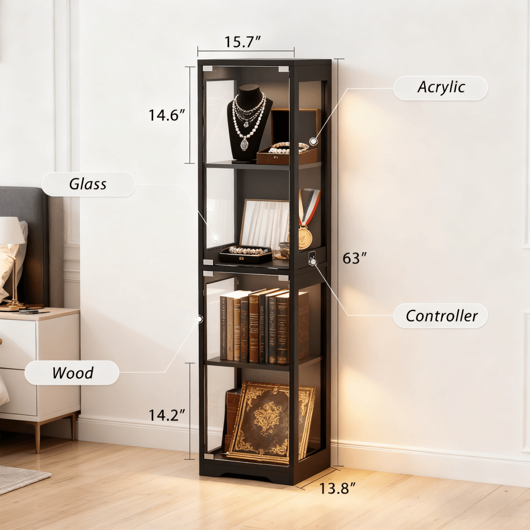 single door glass display cabinet 4 tier 3 led lights smart