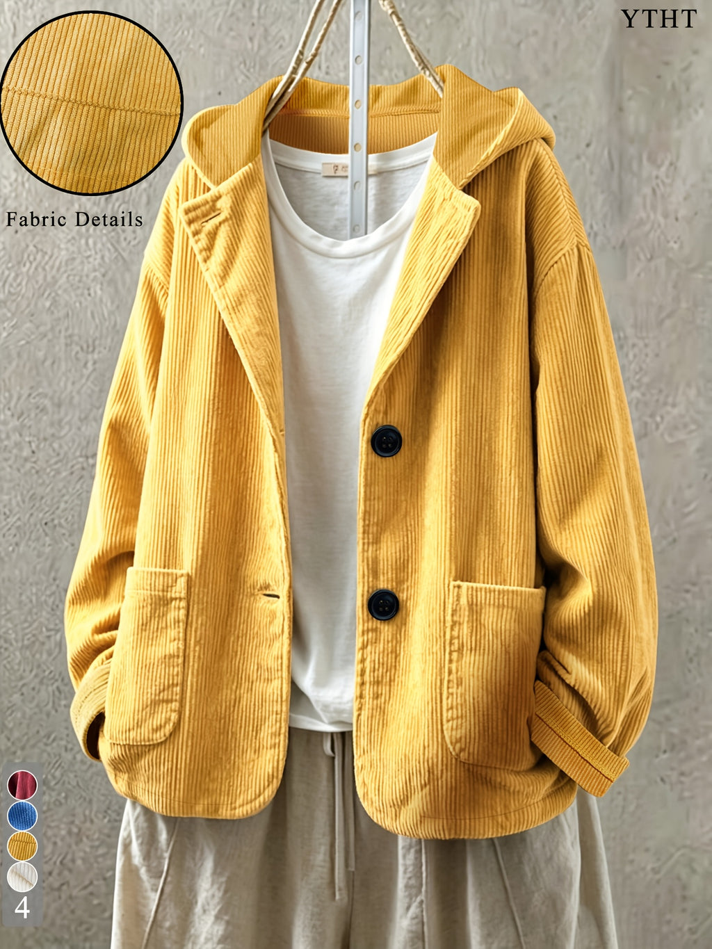 plus size womens loose retro textured corduroy hooded jacket