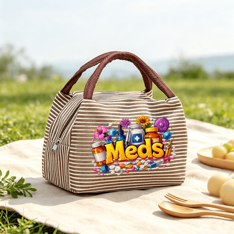 fun meds themed print womens handbag featuring a colorful