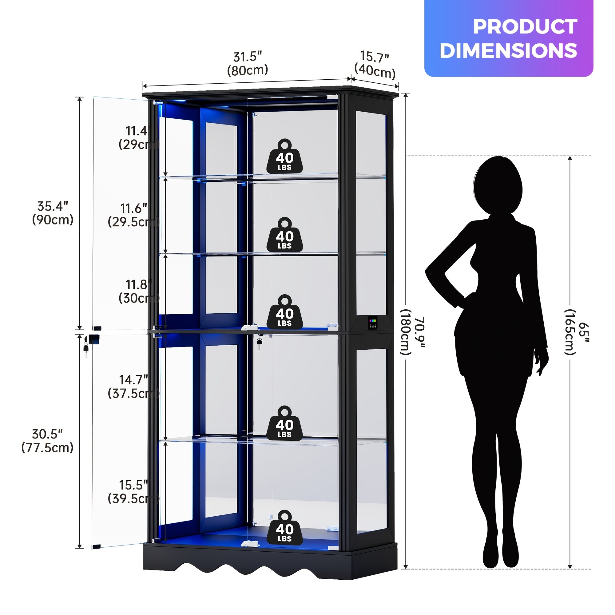display cabinet glass doors 71 tall   rgb lights