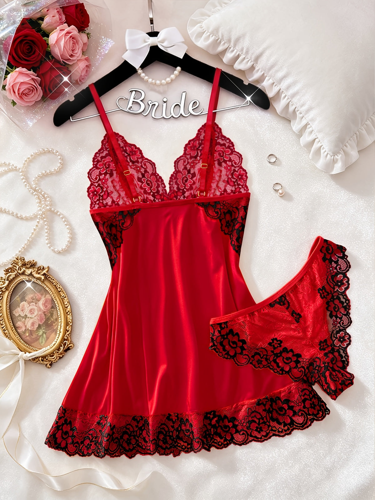 2pcs lace trimmed womens sleepwear v neck bow thin strap