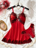 2pcs lace trimmed womens sleepwear v neck bow thin strap
