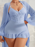 plus size womens nightwear light blue lace   three piece